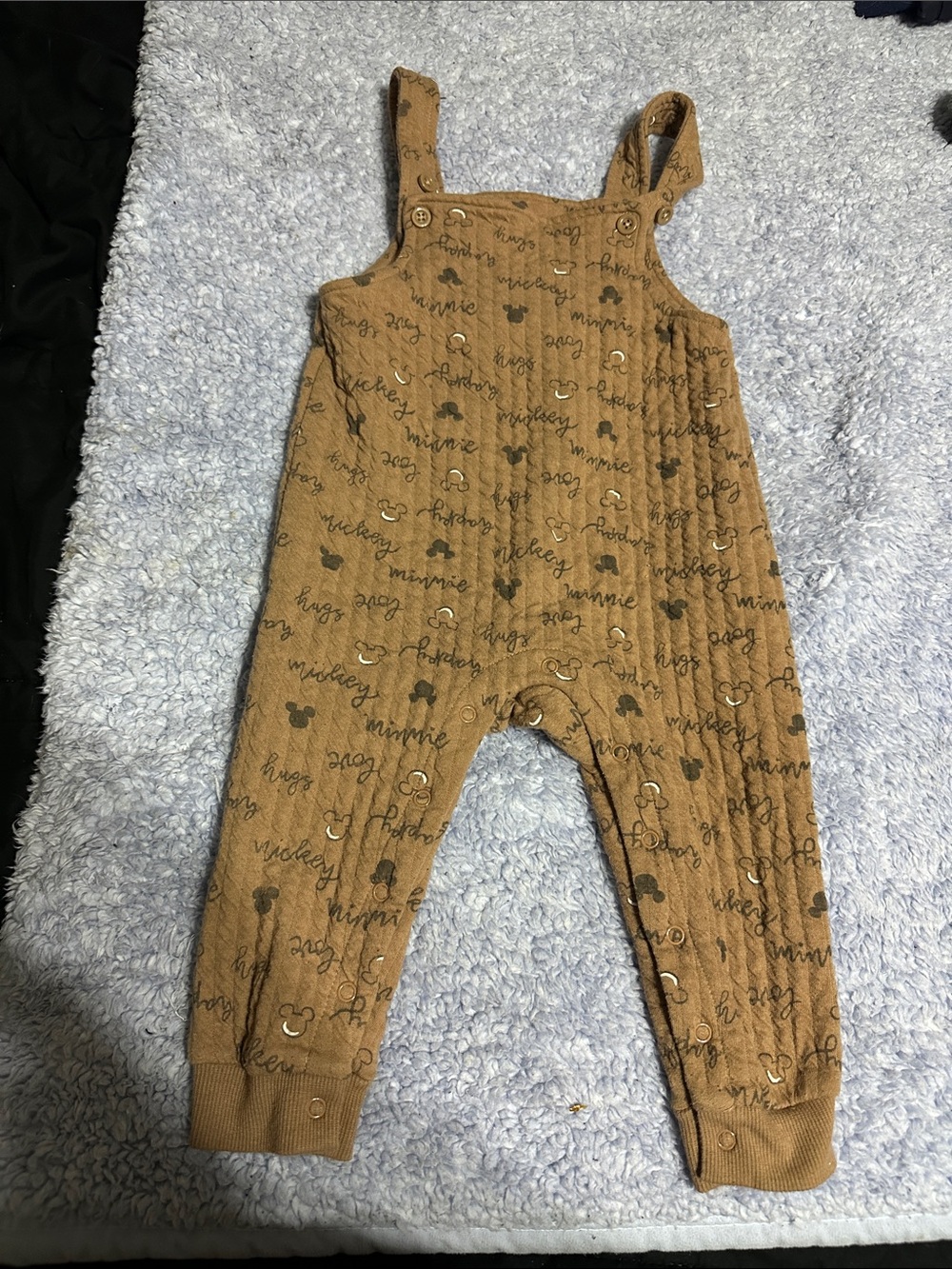 Disney Tan Brown Mickey & Minnie Script Overalls